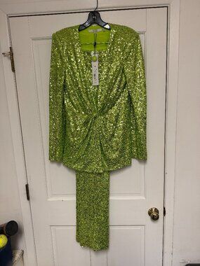 NEW with Tags $900 Badgley Mischka Lime Green all Sequin Jacket and Pants sz 8